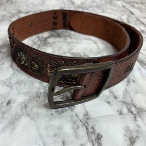 Fossil leather belt brown beaded western boho size small made in India